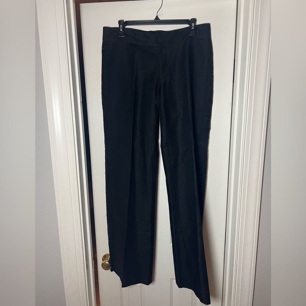 Rebecca Taylor Eyelet Crochet Trim Side Black Cotton Tailored Pants Size 10 - Picture 3 of 7